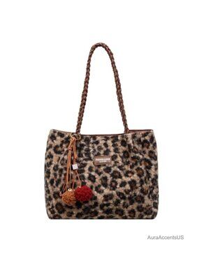 Faux Fur Leopard Print Tote Bag Fuzzy Furry Handbag Winter Purse